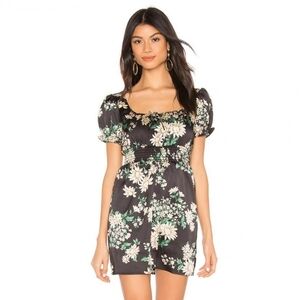 Superdown Revolve Drew Black Satin Floral Print Puff Sleeve Smocked Mini Dress